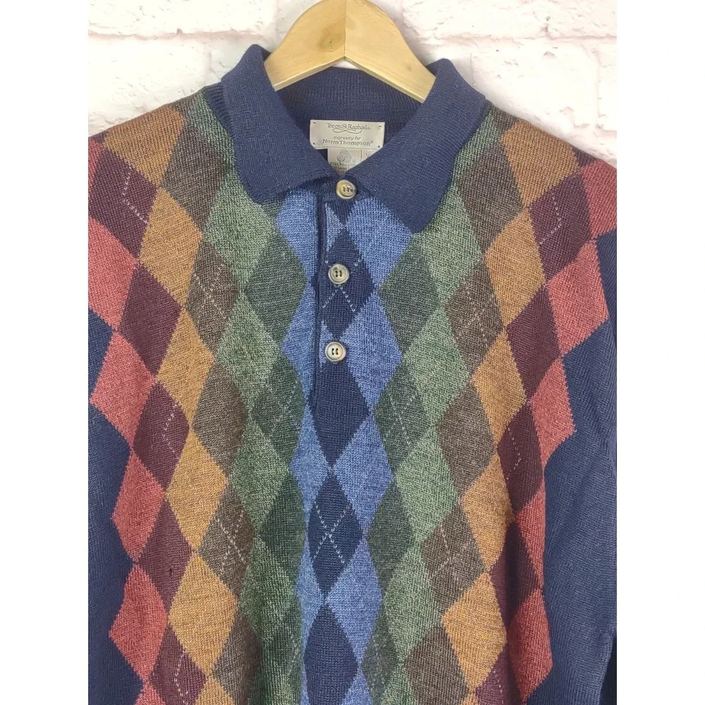 Vtg Tricots St Raphael Argyle Pattern Wool XL Pullover Collared Sweater *HOLES* - Picture 6 of 12